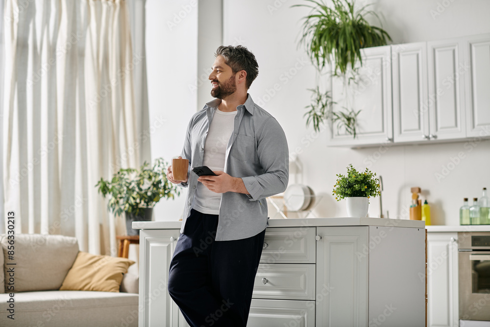 A bearded man wearing casual attire standing in his kitchen, holding a coffee mug and a smartphone. A bearded man wearing casual attire standing in his kitchen, holding a coffee mug and a smartphone.