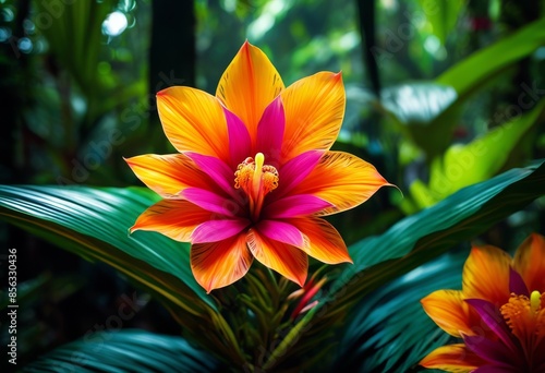 vibrant exotic flower blossoming close lush rainforest environment, tropical, colorful, blooming, dense, flourishing, jungle, plant, bloom, flourish, flora, flowering photo