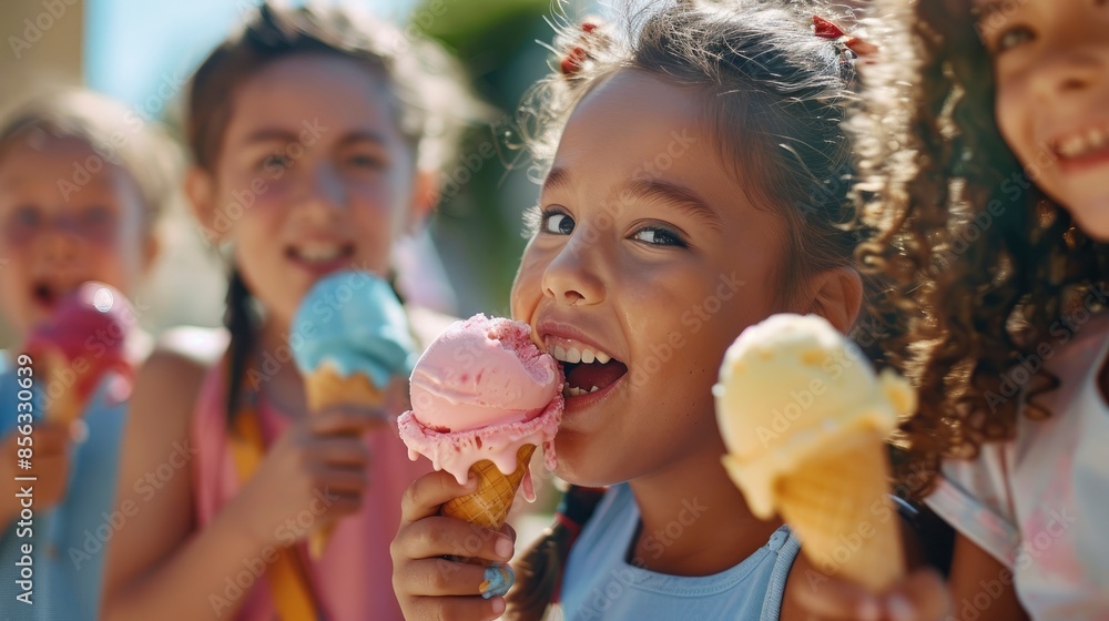 A Group Of Cheerful, Multi-Ethnic Children Eating Colorful Ice Cream In The Bright Summer Sun A Group Of Cheerful, Multi-Ethnic Children Eating Colorful Ice Cream In The Bright Summer Sun