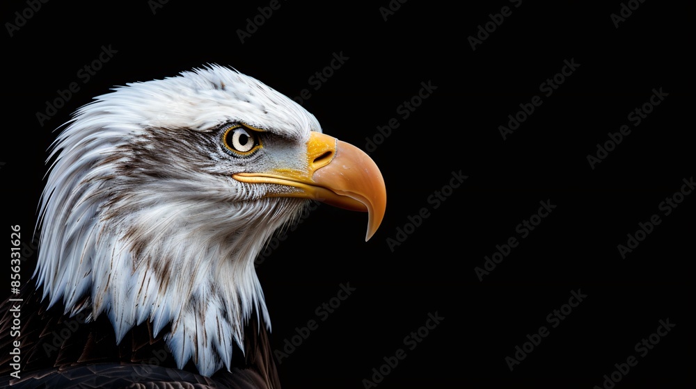 Close-up of the intense gaze of an American bald eagle against black. Close-up of the intense gaze of an American bald eagle against black.