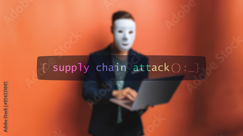 Cybersecurity concept supply chain attack on foreground screen, hacker silhouette hidden with low poly style mask. Vulnerability and attack on colored code editor. Text in English, English text