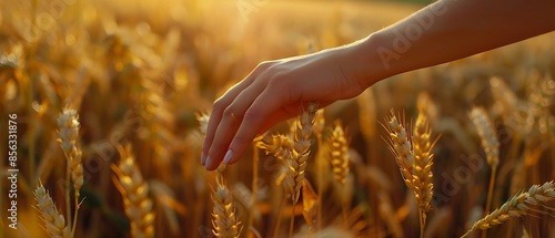 Female right hand touching the golden wheat field in countryside.