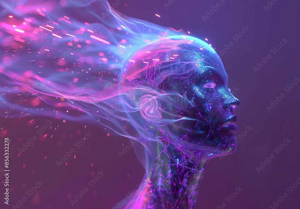 3D human glass human head: Multi coloured neon spheres and line trailer inside glass human head. Artificial Intelligence concept. 3D human glass human head: Multi coloured neon spheres and line trailer inside glass human head. Artificial Intelligence concept.