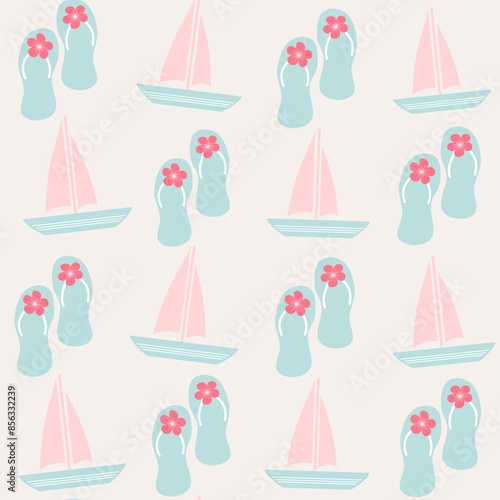 cute cartoon hand drawn pastel blue flip flop seamless vector pattern background illustration with boats