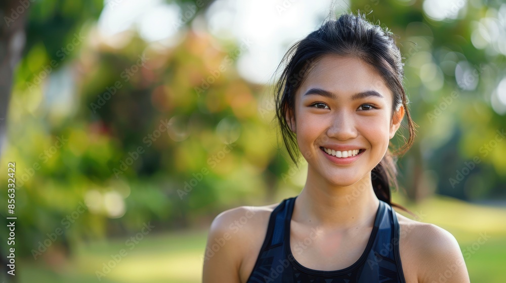 A Healthy And Happy Young Asian Female Athlete In Sportswear, Smiling After A Workout A Healthy And Happy Young Asian Female Athlete In Sportswear, Smiling After A Workout