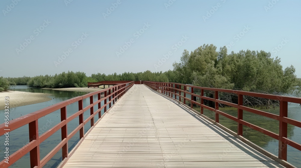 A wooden walkway with railings extends through a vibrant green mangrove forest on a bright, sunny day A wooden walkway with railings extends through a vibrant green mangrove forest on a bright, sunny day