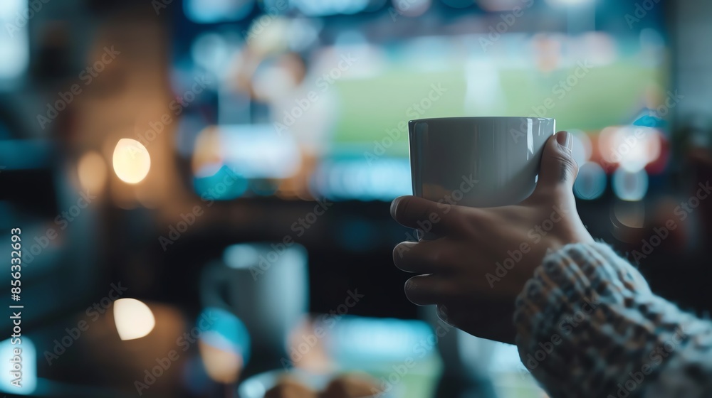 A cozy moment watching TV with a hot drink. A serene ambiance with a focus on relaxation and comfort in a dimly lit room. A cozy moment watching TV with a hot drink. A serene ambiance with a focus on relaxation and comfort in a dimly lit room.