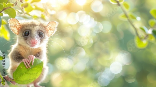 Cheerful possum in vibrant green environment with space for text, playful wildlife scene, wild animals concept, banner photo