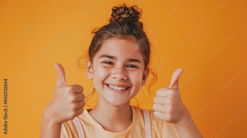 A Joyful Teenage Girl Shows Thumbs Up Against An Orange Background, Her Face Beaming A Joyful Teenage Girl Shows Thumbs Up Against An Orange Background, Her Face Beaming