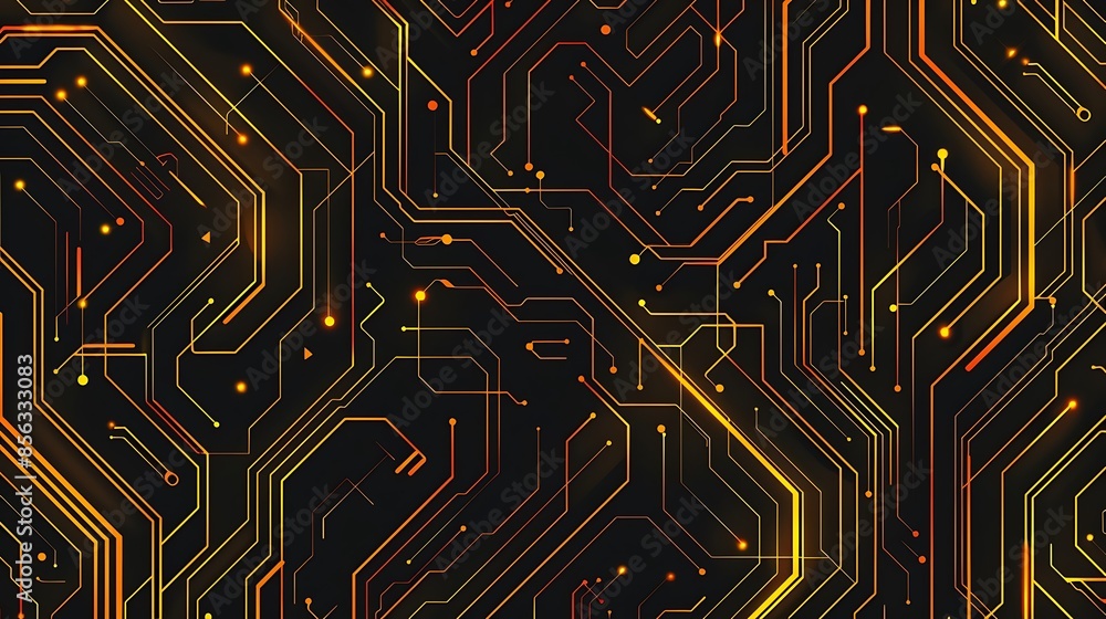 Futuristic yellow and orange circuit board pattern on black background. Futuristic yellow and orange circuit board pattern on black background.
