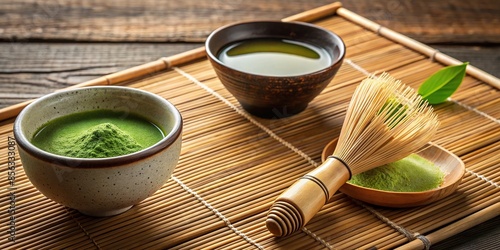 Traditional Japanese tea ceremony with elegant tea set, matcha powder, and bamboo whisk, Japanese culture, ceremony, ritual photo