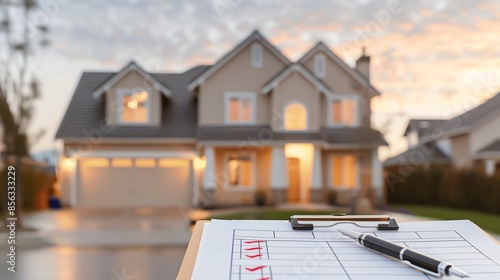 A well-lit suburban house with a for sale sign and a clipboard in the foreground, symbolizing real estate or home buying process.