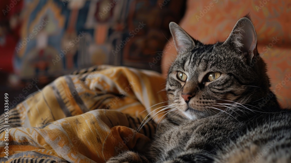 Attractive grey tabby cat in cozy home setting room for text Adorable pet Attractive grey tabby cat in cozy home setting room for text Adorable pet