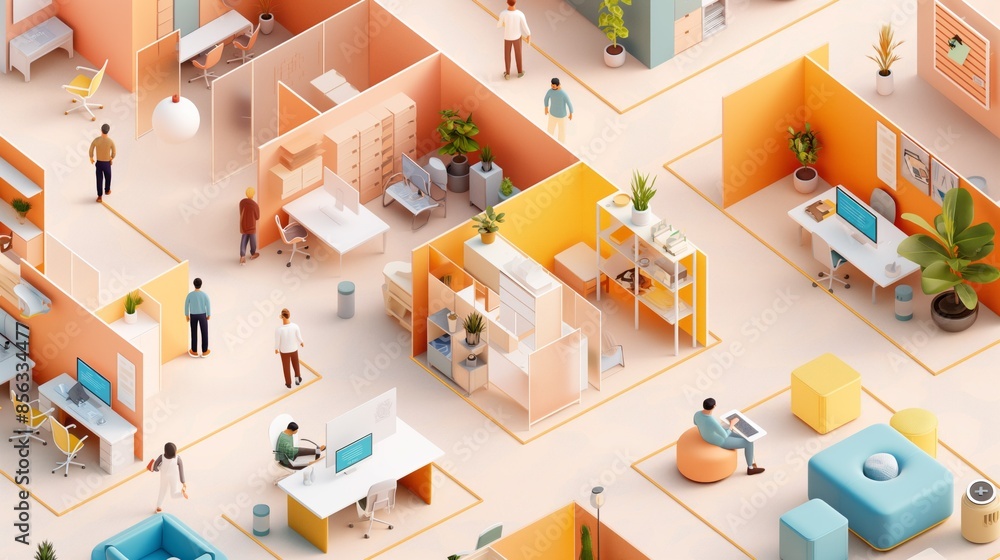 Isometric office space with employees working at computer desks. Isometric office space with employees working at computer desks.