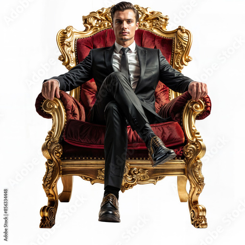 Confident businessman sitting on throne posing for a portrait photo