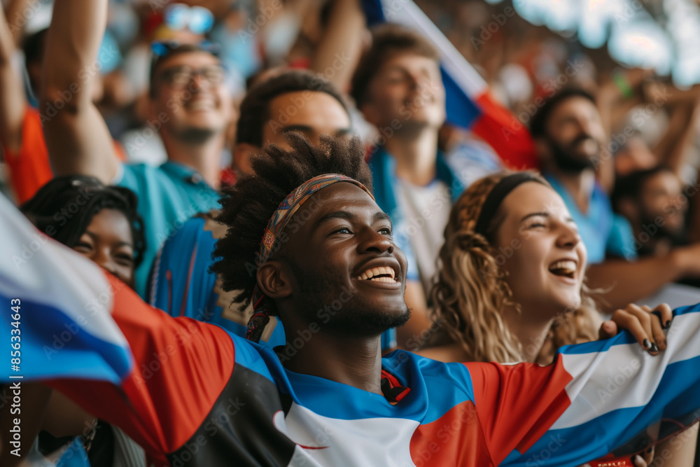 Fototapeta premium Ecstatic French Soccer Fans Cheering a Goal During a Thrilling EM Match