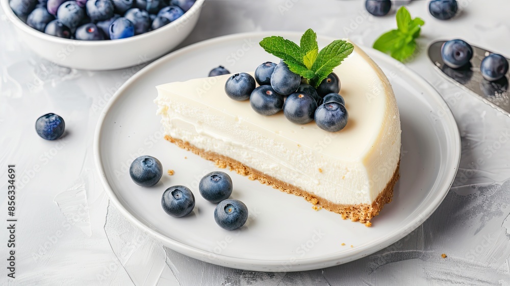 A close-up of a slice of blueberry cheesecake with a mint garnish on a white plate A close-up of a slice of blueberry cheesecake with a mint garnish on a white plate