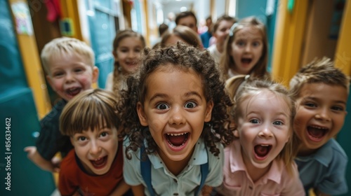 A Multiracial Group Of Children In A Preschool Hallway, Their Faces Filled With Excitement And Curiosity