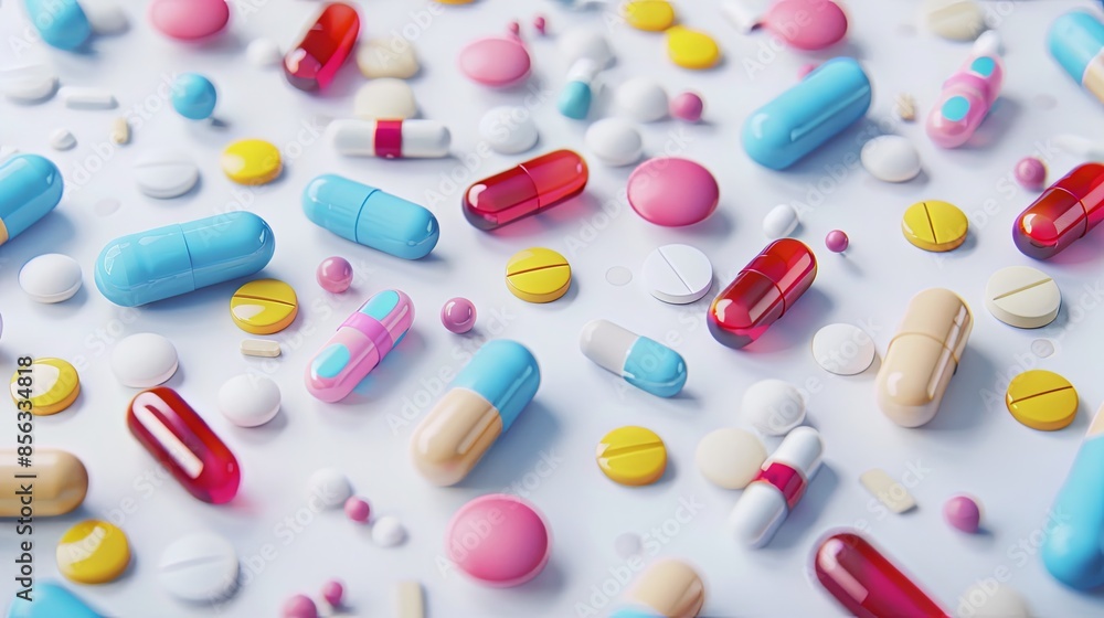 A close-up shot of various colorful pills and capsules scattered on a clean white background, showcasing their texture and detail. Generative AI A close-up shot of various colorful pills and capsules scattered on a clean white background, showcasing their texture and detail. Generative AI