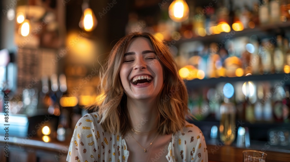 A Portrait Of A Beautiful Caucasian Woman Having Fun In A Bar Restaurant, Her Face Glowing With Laughter And Joy A Portrait Of A Beautiful Caucasian Woman Having Fun In A Bar Restaurant, Her Face Glowing With Laughter And Joy