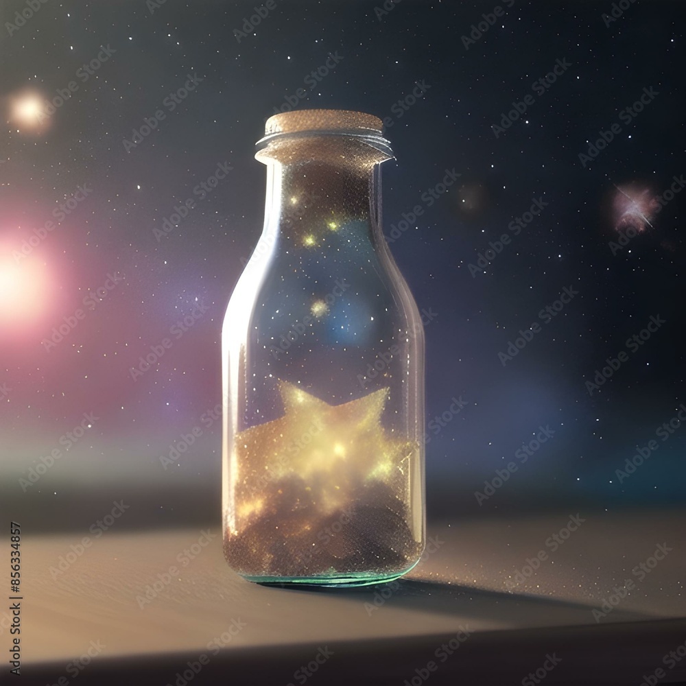 Bottle on the sand in cosmic sky Bottle on the sand in cosmic sky