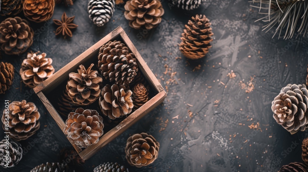 Pine cones and seeds in box on table viewed from above Pine cones and seeds in box on table viewed from above