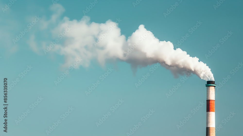 Industrial chimney emitting smoke against a clear blue sky, showcasing air pollution and environmental impact. Industrial chimney emitting smoke against a clear blue sky, showcasing air pollution and environmental impact.