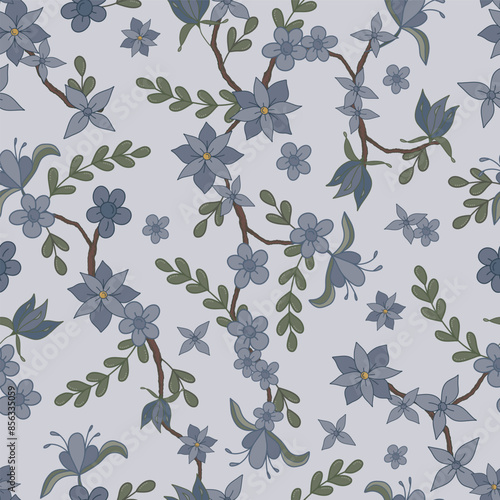 Blue Vintage Stylized Floral Vines on Gray Background seamless pattern print background