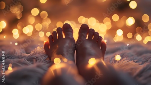 Relaxed feet on a soft surface with warm bokeh lights in the background, creating a cozy and serene atmosphere. photo