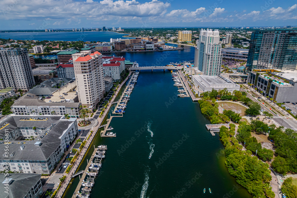 Fototapeta premium Beautiful aerial view of the Tampa bay City, it's Skyscrapers and Ybor city