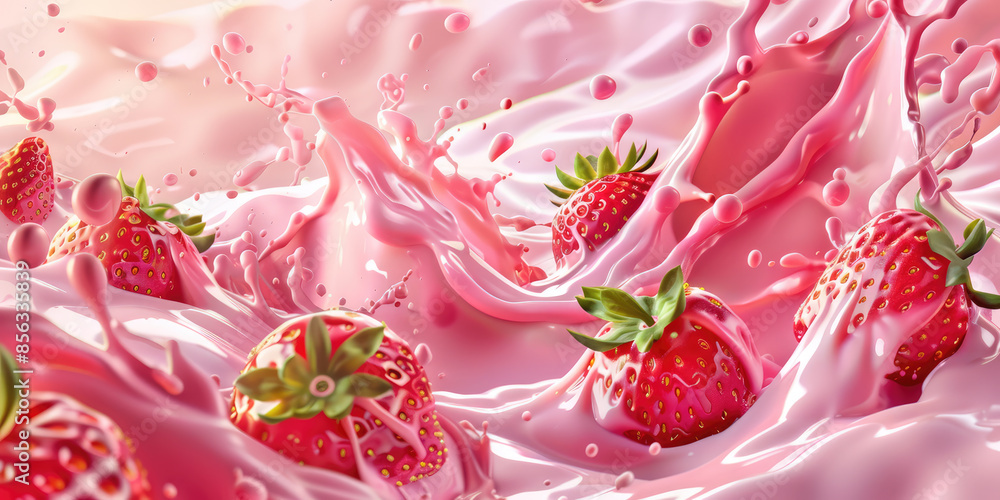 Ripe strawberries splashing into pink milkshake Ripe strawberries splashing into pink milkshake