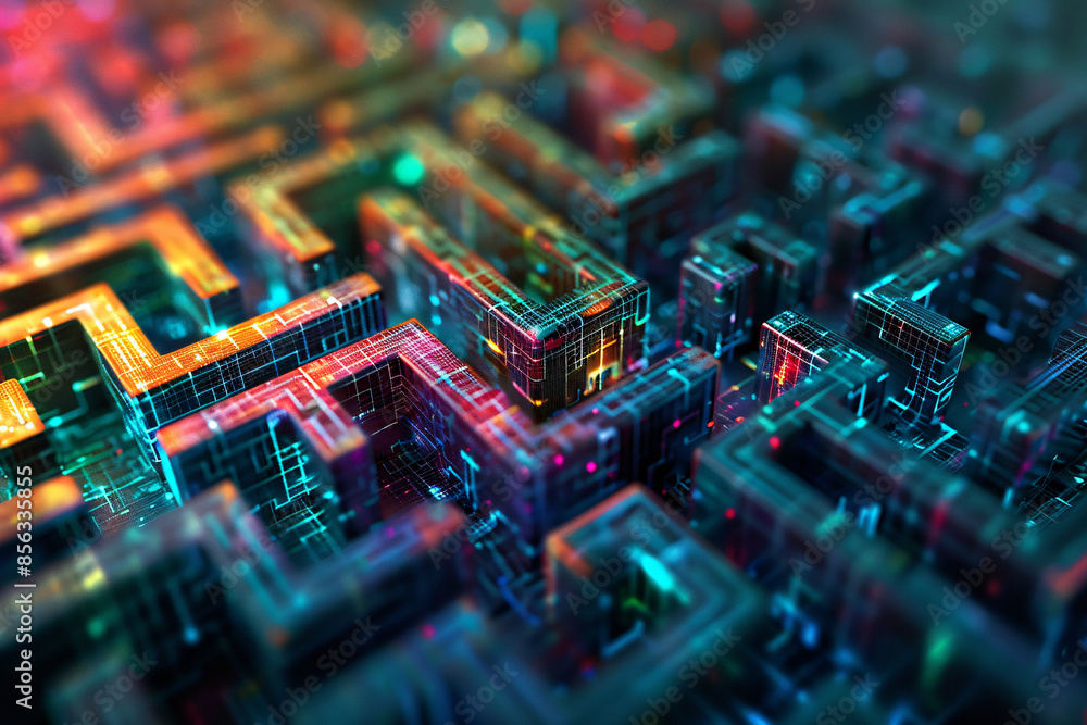 Abstract digital maze with vibrant, multicolored neon lights and intricate pathways Abstract digital maze with vibrant, multicolored neon lights and intricate pathways