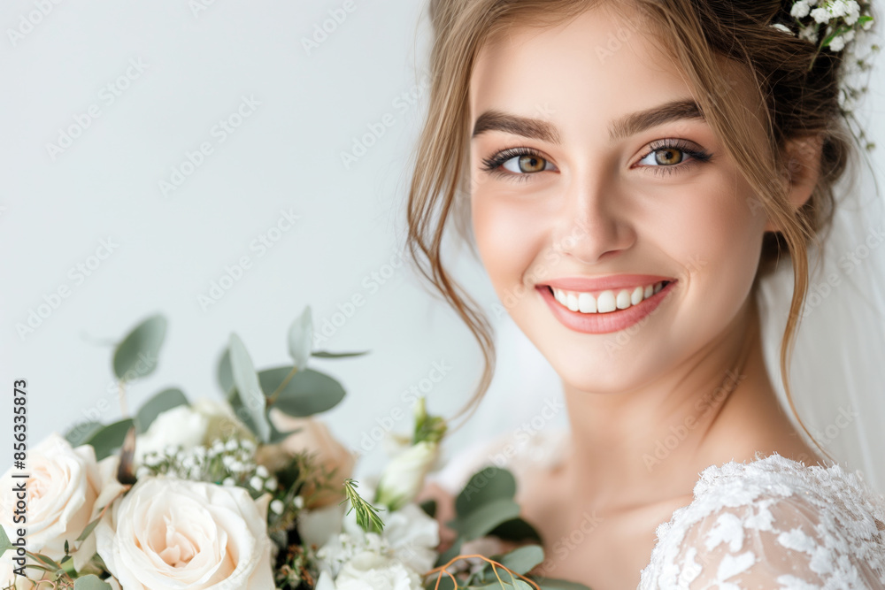 Joyful bride in a white dress smiles with a bouquet of white roses, radiating love and happiness. Perfect for wedding themes Joyful bride in a white dress smiles with a bouquet of white roses, radiating love and happiness. Perfect for wedding themes
