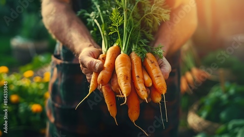 Close-up of hand of a senior man holding freshly harvested carrots. Elderly person's hands holding bunch of carrots in the farm - Generative AI