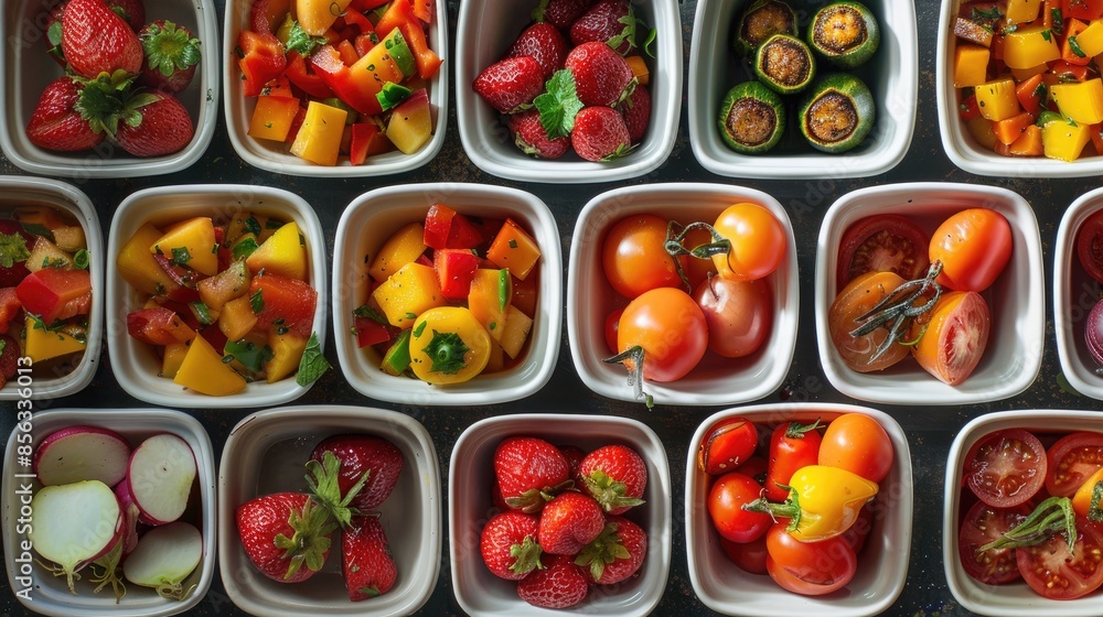 Different kinds of cooked fruits and vegetables in miniature containers Different kinds of cooked fruits and vegetables in miniature containers