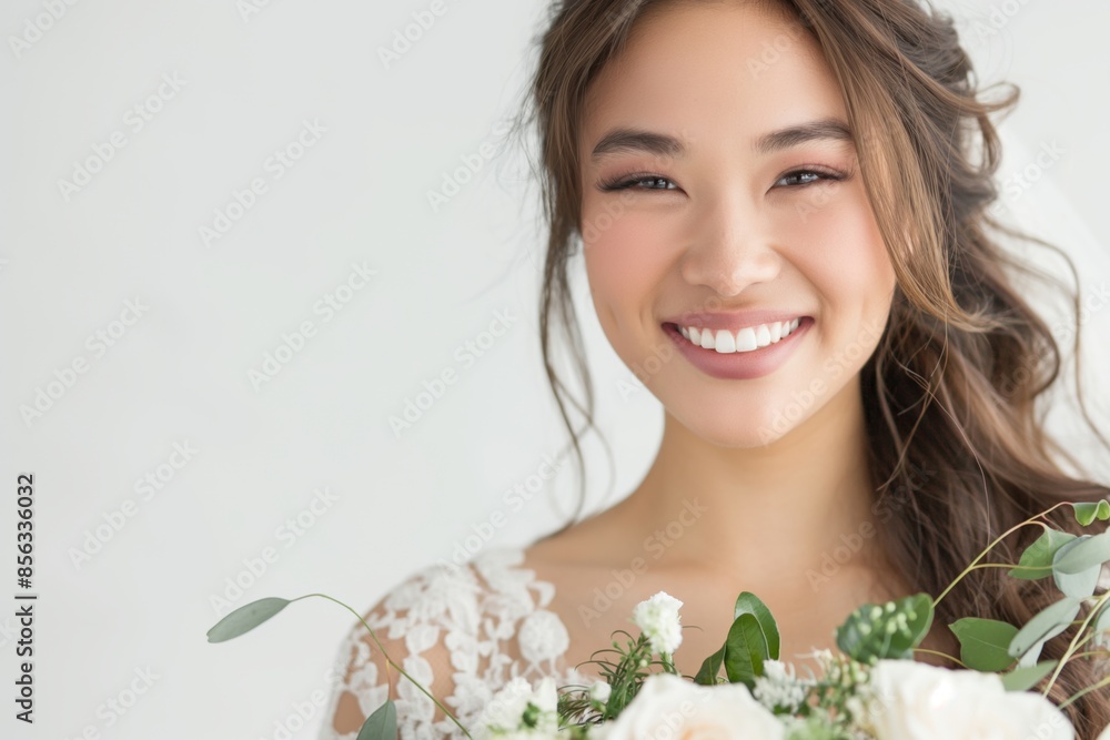 Young bride smiles brightly holding a stunning bouquet on her wedding day. Radiating joy and happiness in an elegant white gown. Exuding love and celebration in a moment of pure joy and romance Young bride smiles brightly holding a stunning bouquet on her wedding day. Radiating joy and happiness in an elegant white gown. Exuding love and celebration in a moment of pure joy and romance