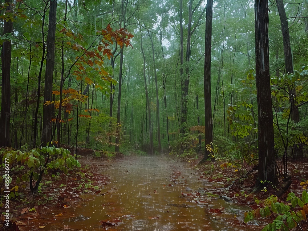 Fototapeta premium A path in the woods with leaves and mud.