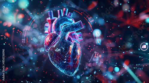 Une illustration numérique d'un cœur humain avec des éléments technologiques et lumineux en arrière-plan.