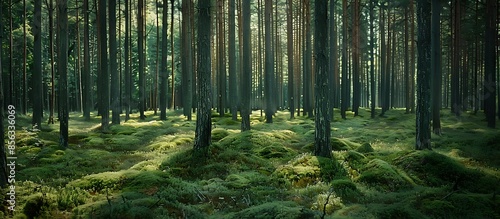Magic pinewood lawn. Dark toned green forest. Beautiful natural background - Generative AI