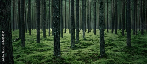 Magic pinewood lawn. Dark toned green forest. Beautiful natural background - Generative AI