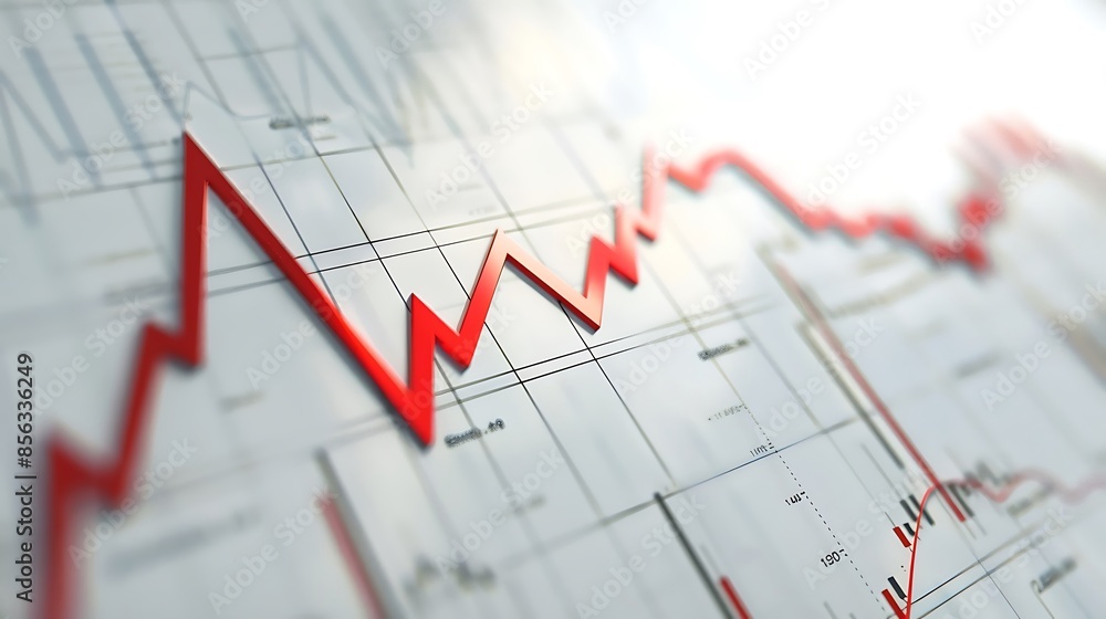 Upward trending stock market graph with arrow and red line on white and grey background - Generative AI Upward trending stock market graph with arrow and red line on white and grey background - Generative AI