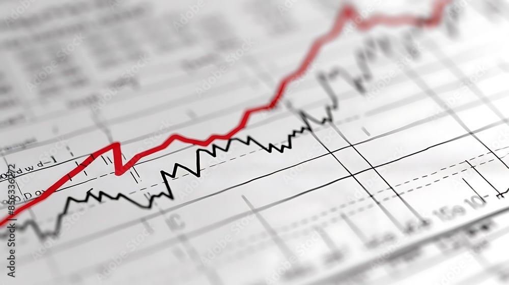 Upward trending stock market graph with arrow and red line on white and grey background - Generative AI Upward trending stock market graph with arrow and red line on white and grey background - Generative AI