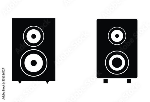 Black Stereo speaker icon isolated on white background. Sound system speakers. Musical column speaker bass equipment. Vector illustration. Eps file 129.