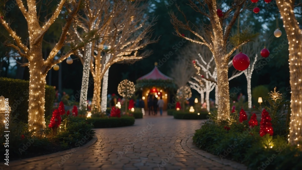 Obraz premium A whimsical holiday garden adorned with sparkling lights and whimsical decorations, with winding paths leading past festive displays and illuminated trees,.