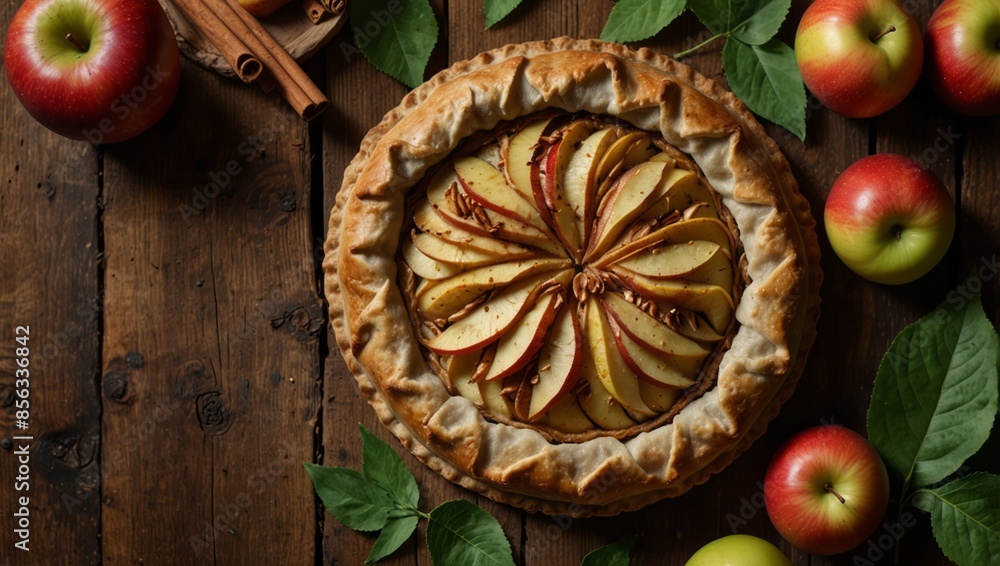 apple and cinnamon galette,Apple crostata pie with cinnamon served with fresh garden apples with leaves on rustic wooden background, top view, horizontal composition. apple and cinnamon galette,Apple crostata pie with cinnamon served with fresh garden apples with leaves on rustic wooden background, top view, horizontal composition.