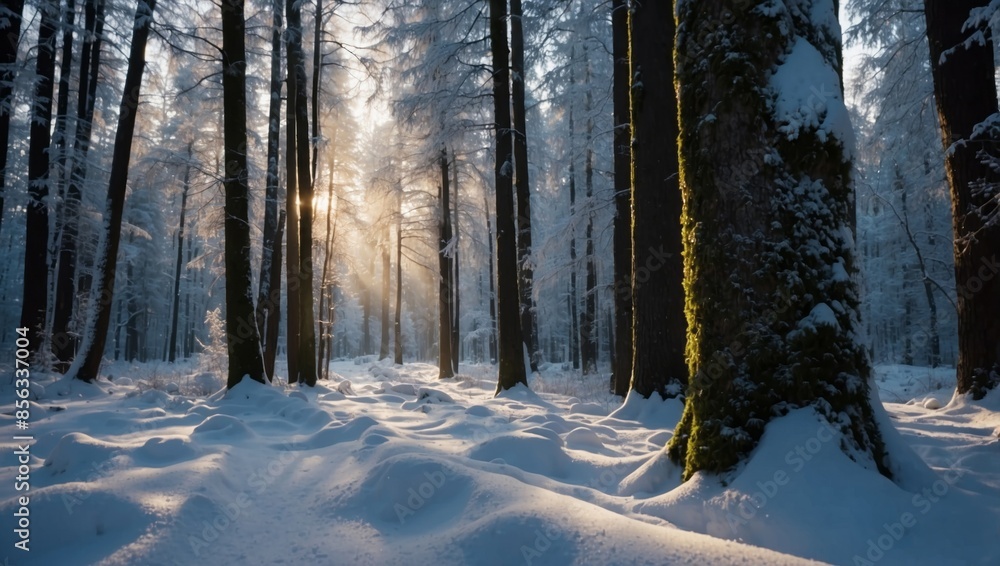 Beautiful snowy forest and abstract shiny light background. Beautiful snowy forest and abstract shiny light background.