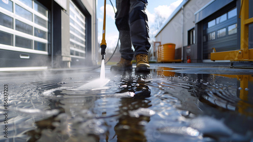 Commercial Cleaning man pressure washing the floor