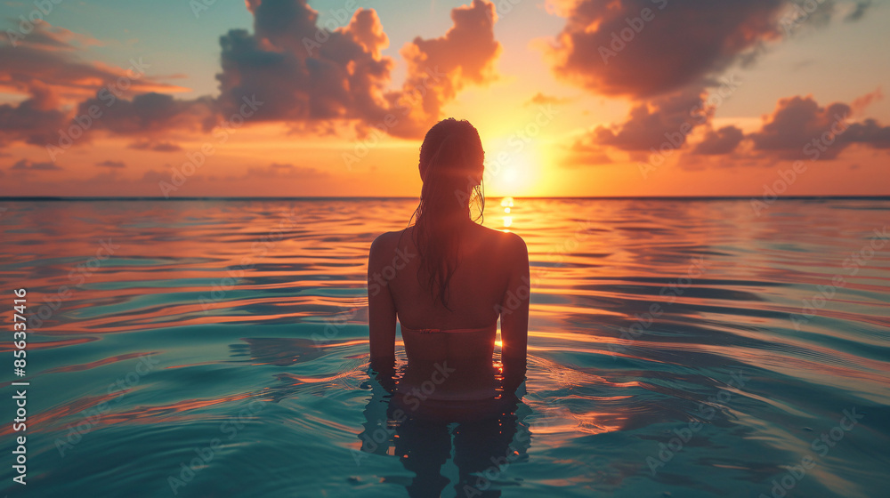Girl in swimsuit watching and enjoying the sunset in the clear view bluew water ocean Girl in swimsuit watching and enjoying the sunset in the clear view bluew water ocean