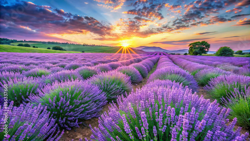 Lavender field with sun, clouds, greenery in natural landscape