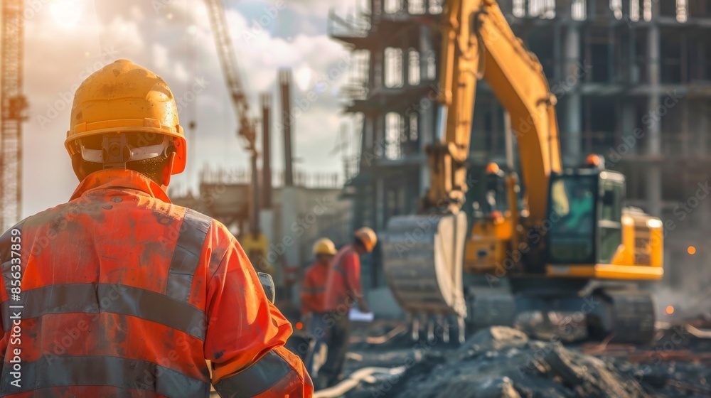 Construction workers operating heavy machinery on industrial site at sunset. Construction workers operating heavy machinery on industrial site at sunset.